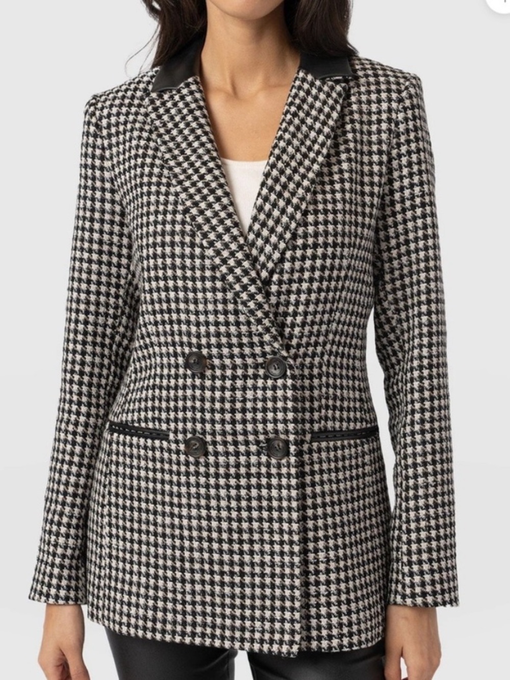 Saint + Sofia Cambridge Blazer Jacket in Houndstooth with Leather Collar Sz 16